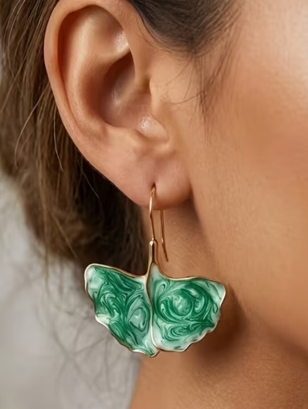 NEW! Ginkgo Gold Green Enamel Minimalist Drop Hook Earrings - Women’s Jewelry